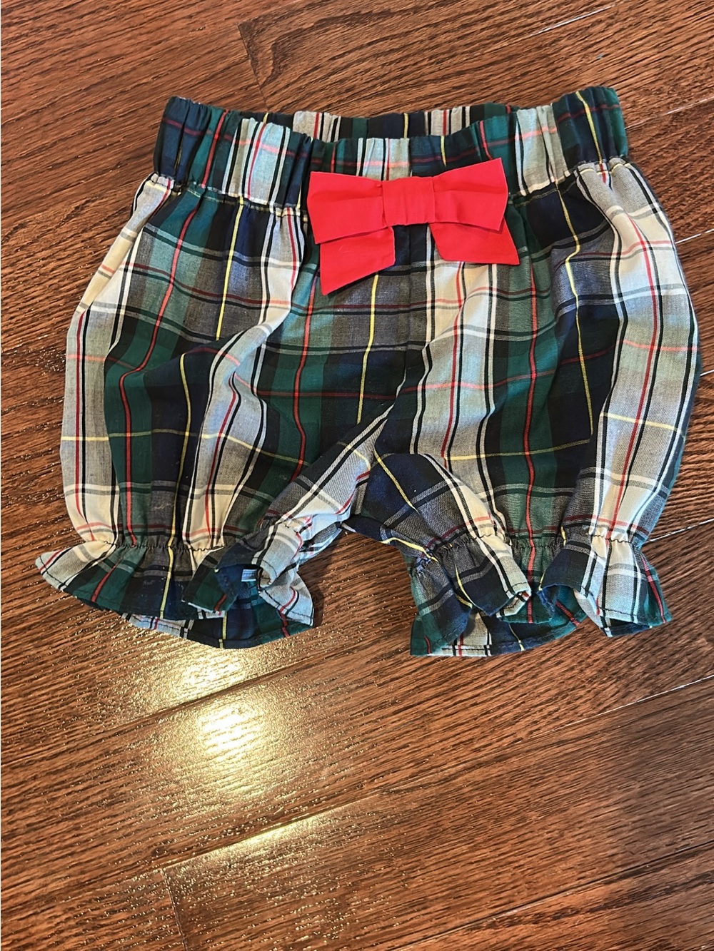 The Beaufort Bonnet Company Green Plaid Shorts with Red Bow